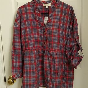 Plaid roll cuff button placket blouse 1X